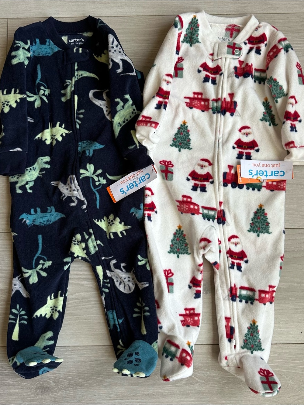 Carter's Navy Dinosaur & Cream Santa Fleece Footed Pajama Set